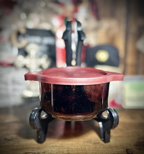 Vintage Mexico Cranberry Glass Two Handled Pyrex Dish Bowl Lid 4 1/2" X 2.5”