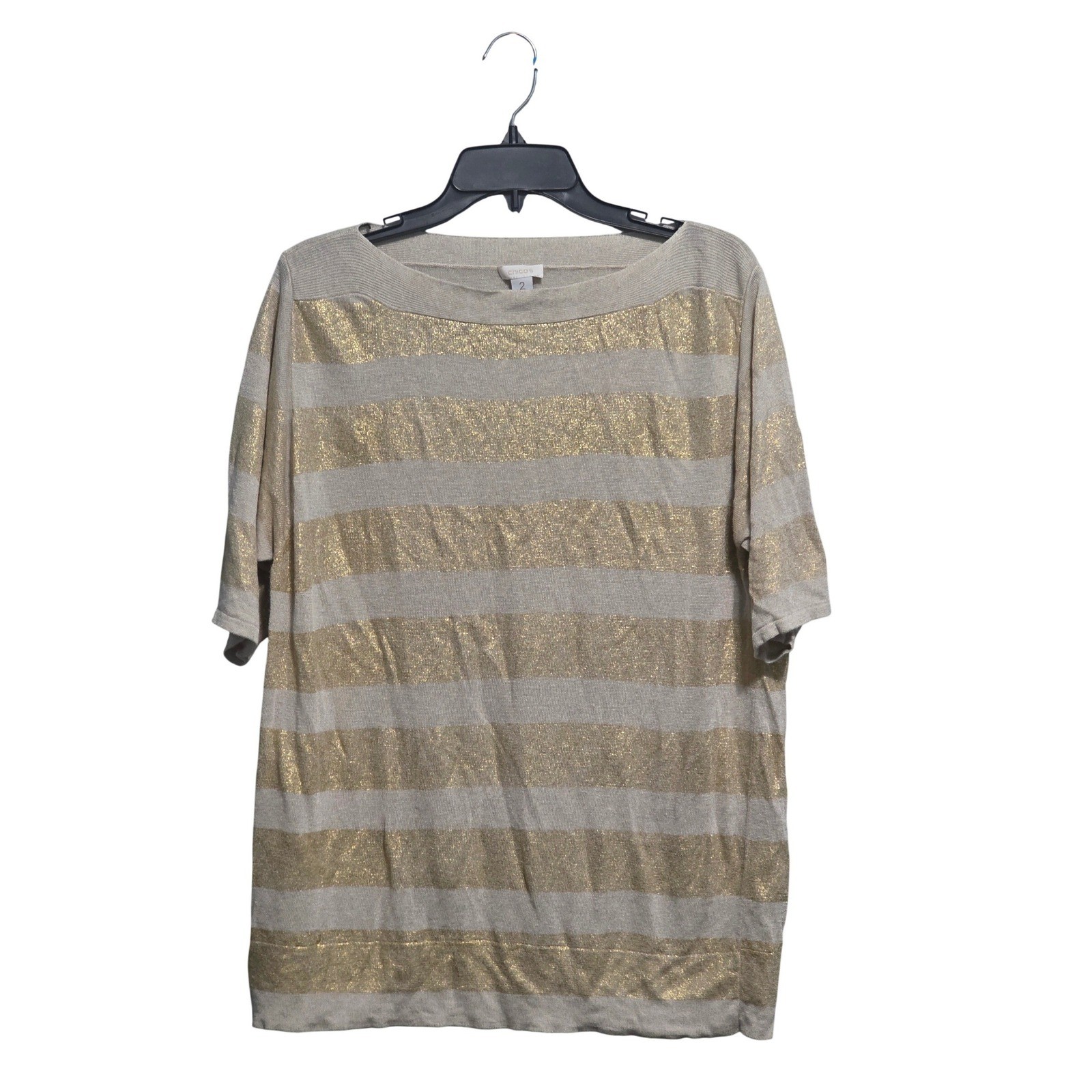 Chicos Gold Metallic Striped Linen Blend Sweater Boat Neck Beige Size 2 Large
