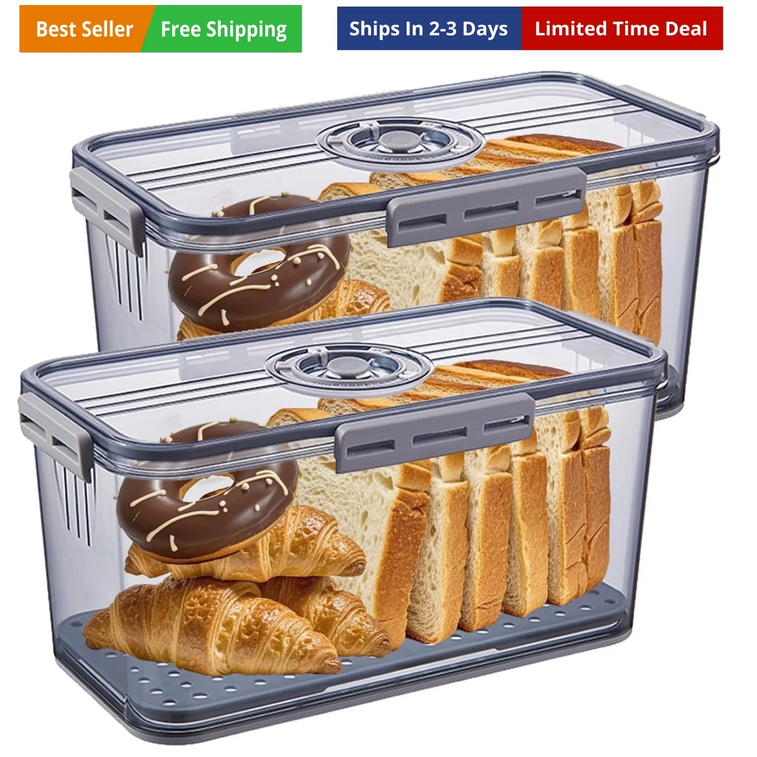 Bread Box for Kitchen Countertop, Airtight Bread Container with Lid, Time Rec...