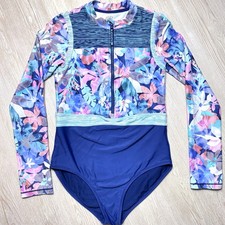 Athleta Girl XL 14 Floral Rash Guard One Piece Swimsuit Long Sleeve Zip