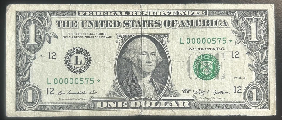 (LOW THREE DIGIT STAR NOTE!) $1 Rare 3 Digit Fancy Serial Number L00000575* - Image 2 of 4