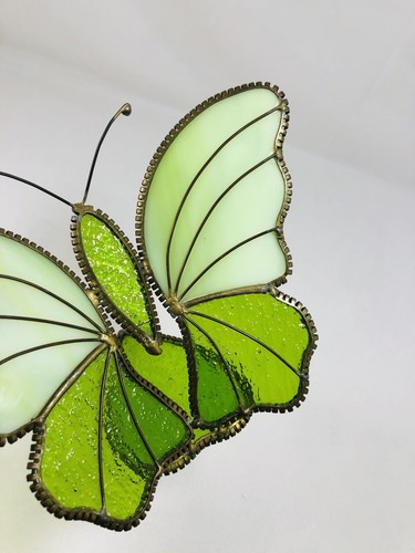 Vintage Buntglas Sonnenfänger Schmetterling Handarbeit grün herzförmiger Sockel - Bild 9 von 9