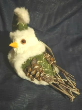 Xmas White Bird Hat & Sweater Pinecone Snowbird Feathers Fur Ornament NWT RCS 