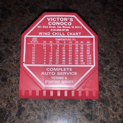 Victor s Conoco Des Moines, IA Vtg Ad Clip Windchill Chart Oil & Gas Ad