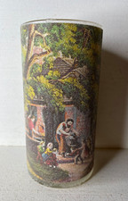Vtg Sugar Frosted Glass Pillar Candle Jar 7" Landscape Scene EXCELLENT