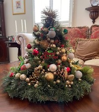 Handcrafted Pine and Colorful Glass Ornament Christmas Tree in Gold