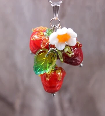 Erdbeeren Kette Früchte Collier Blume Lampwork Perlen Damen Edelstahl  #MC013 - Bild 1 von 4
