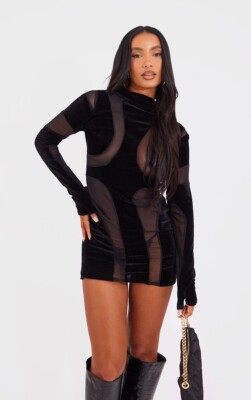 PRETTYLITTLETHING Black Velvet Mesh Insert Long Sleeve Bodycon