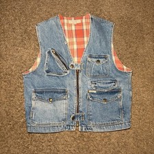 Vintage 80s GUESS Jeans Denim Vest USA Made Plaid Lined Biker Patches XL