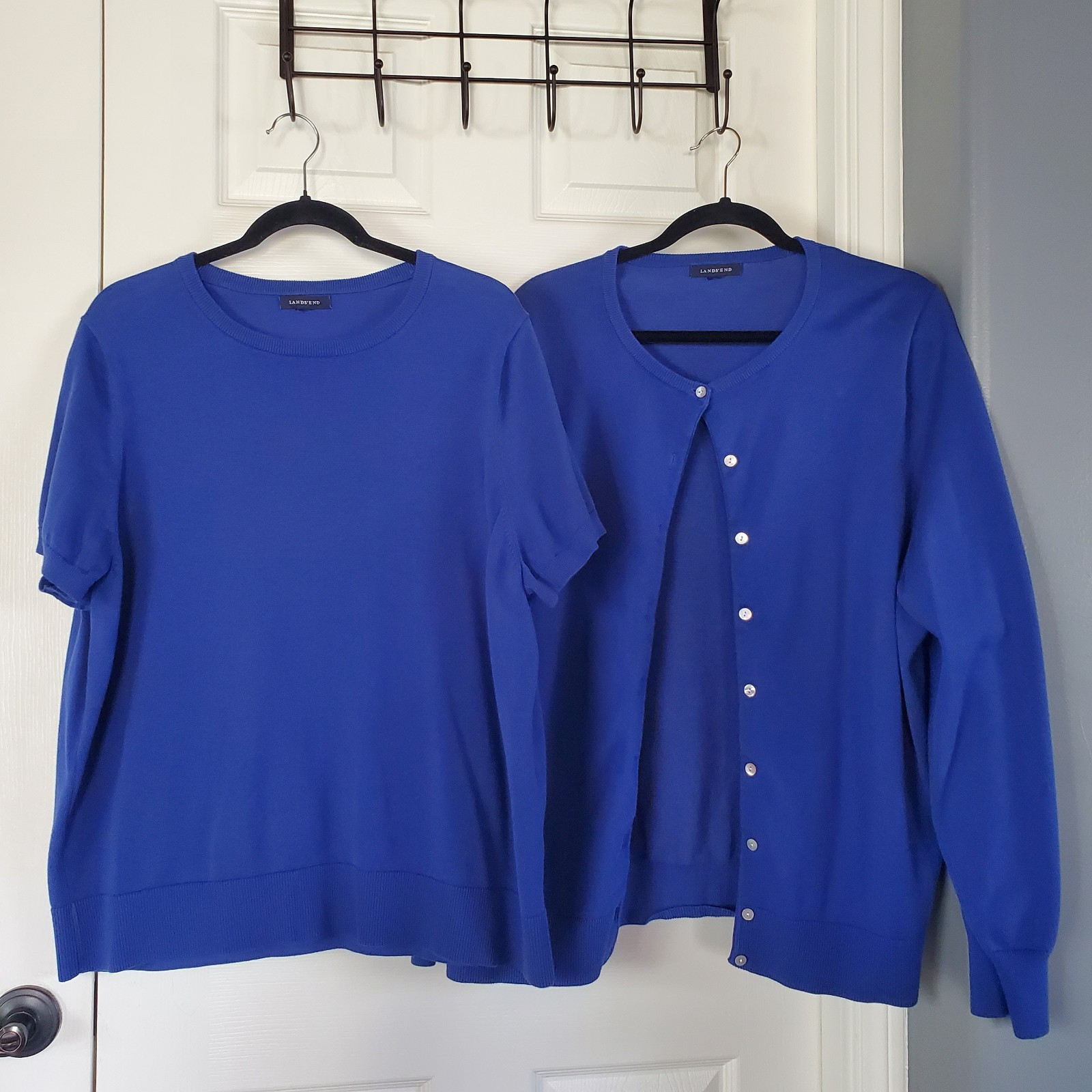 Lands End Blue Knit Sweater Cardigan Set XL Pullover & Button-Up