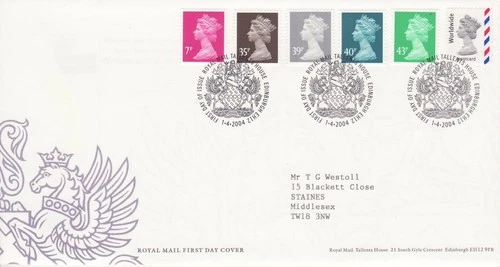 GB Stamps First Day Cover Machin Low Value Definitive 7p - 43p + world SHS 2004