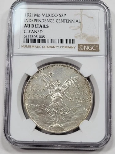 1921 Mexico Silver 2 Pesos Dos Pesos NGC AU Certified Great Detail Cleaned *K747