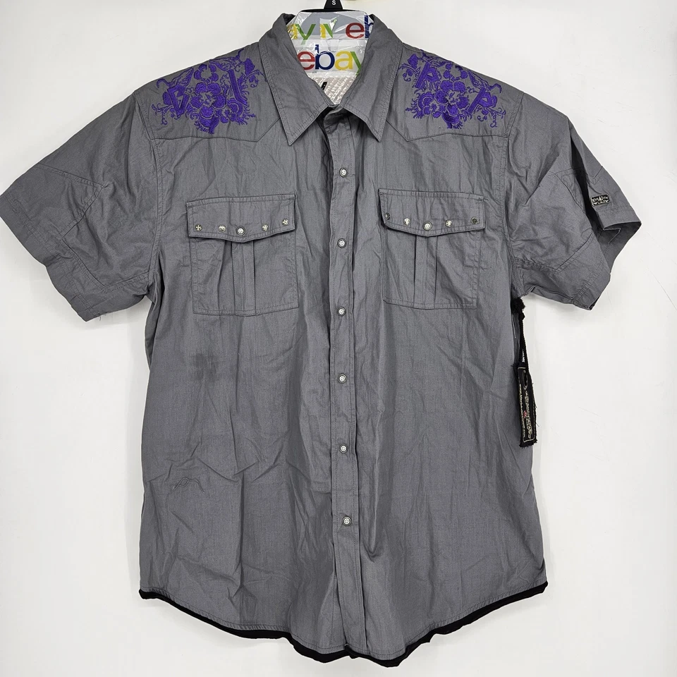 Vtg Blac Label Snap Shirt Mens 3XL Detroit Rock City Emboidered Skull Gray - Image 2 of 4