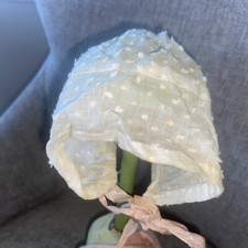 Antique doll white dotted Swiss small Hat Bonnet