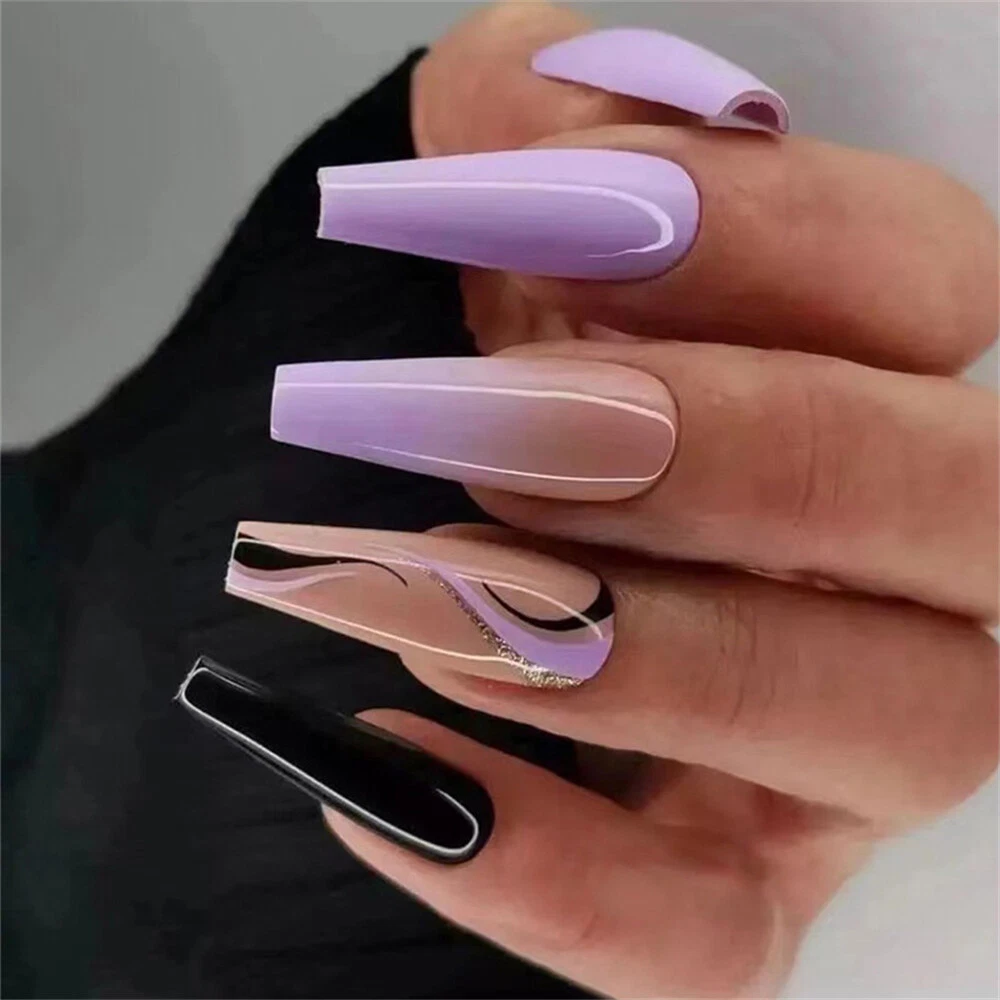 purple black and white nail designs