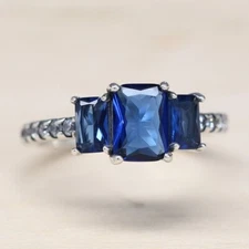Authentic Pandora Ring Blue Rectangular Three Stone Sz 50 192389C01 W Suede Pouc