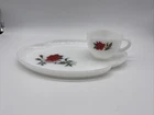 Fire King Red Rose Flower Milk Glass Snack Plate And Cup Vintage