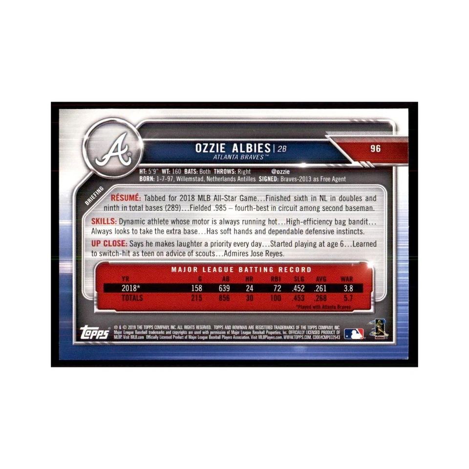 2019 Bowman: Ozzie Albies Baseball Cards #96 - Image 2 of 3