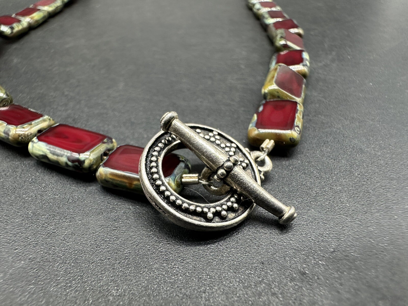 Stone Silver Tone Statement Toggle Necklace Red L… - image 8