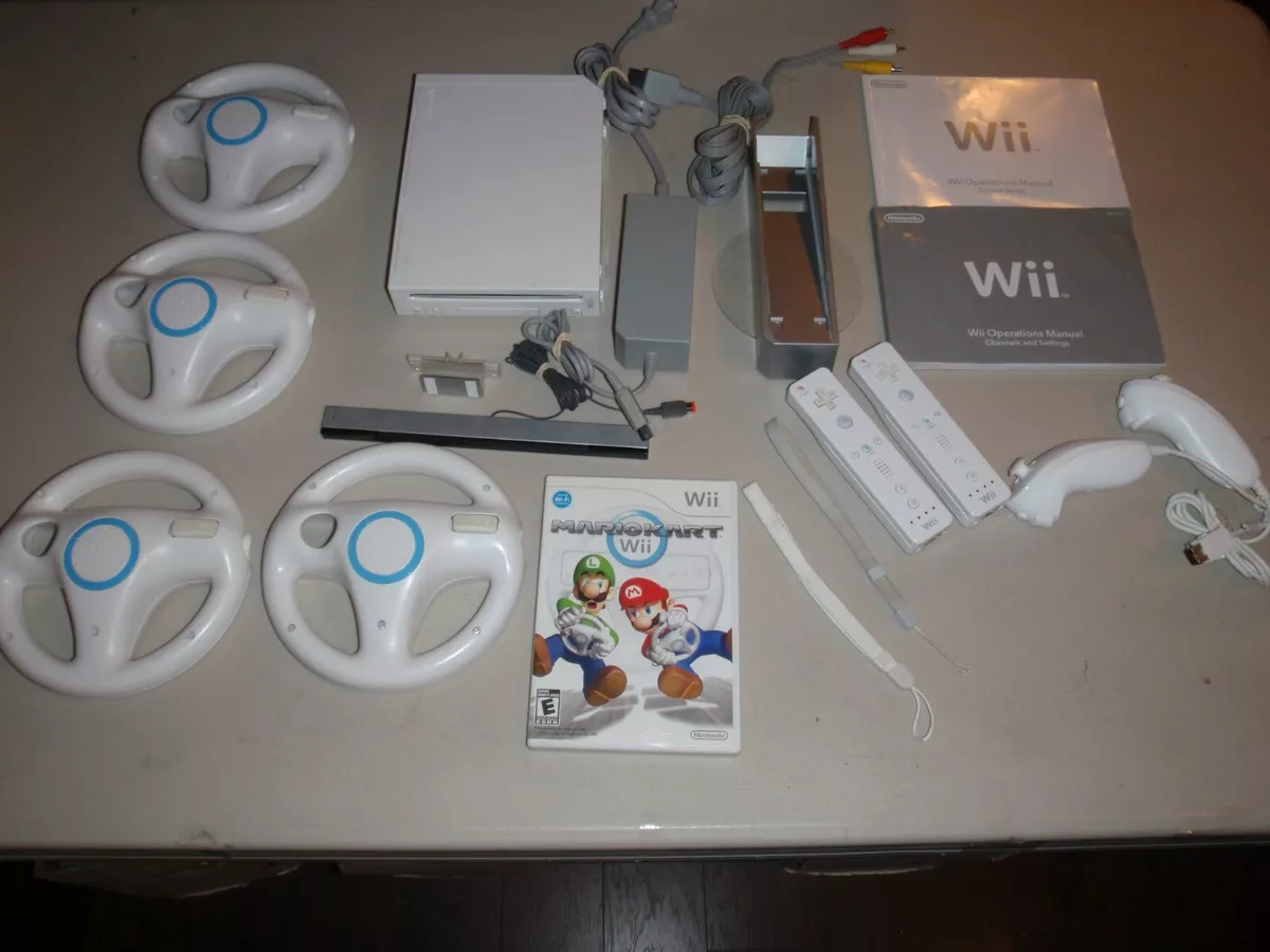 Nintendo Wii Console White with 2 Sets of Controllers & Mario Kart Bundle  System Used 