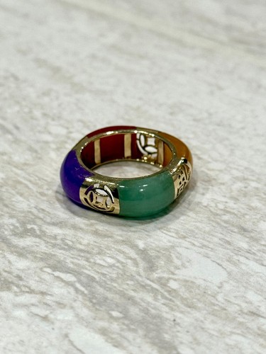 Vintage 14K Gelbgold mehrfarbiger breiter Jade chinesisches Symbol Nephrit Ring Größe 8,75