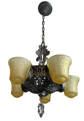 1930s Beardslee-Williamson  Art Deco 5 Light Slip Shade Fixture #1