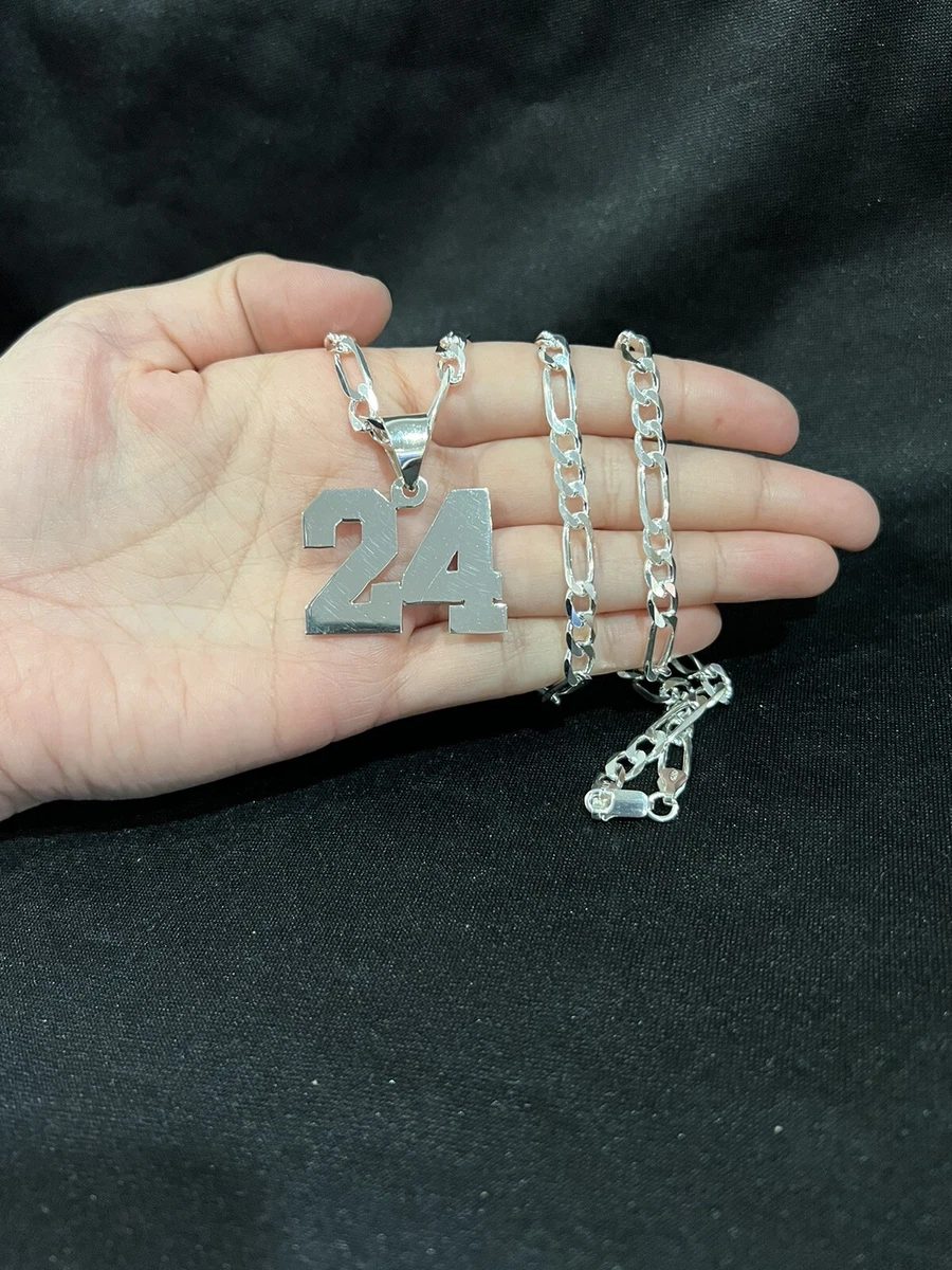 925 Sterling Silver Mens Sports Lucky Number 24 Pendant Figaro Chain 20 24 30