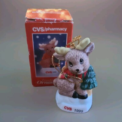 Vintage 1999 CVS Pharmacy Ceramic Reindeer Traditions Christmas Ornament W Box