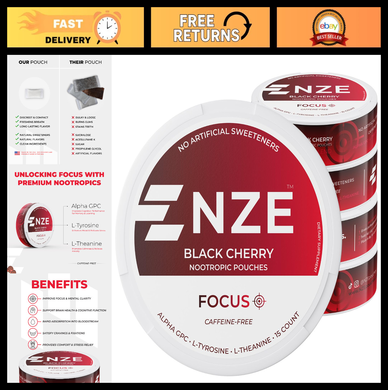 Caffeine-Free Nootropic Pouches - Black Cherry Flavor, Alpha GPC, L-Tyrosine, L-