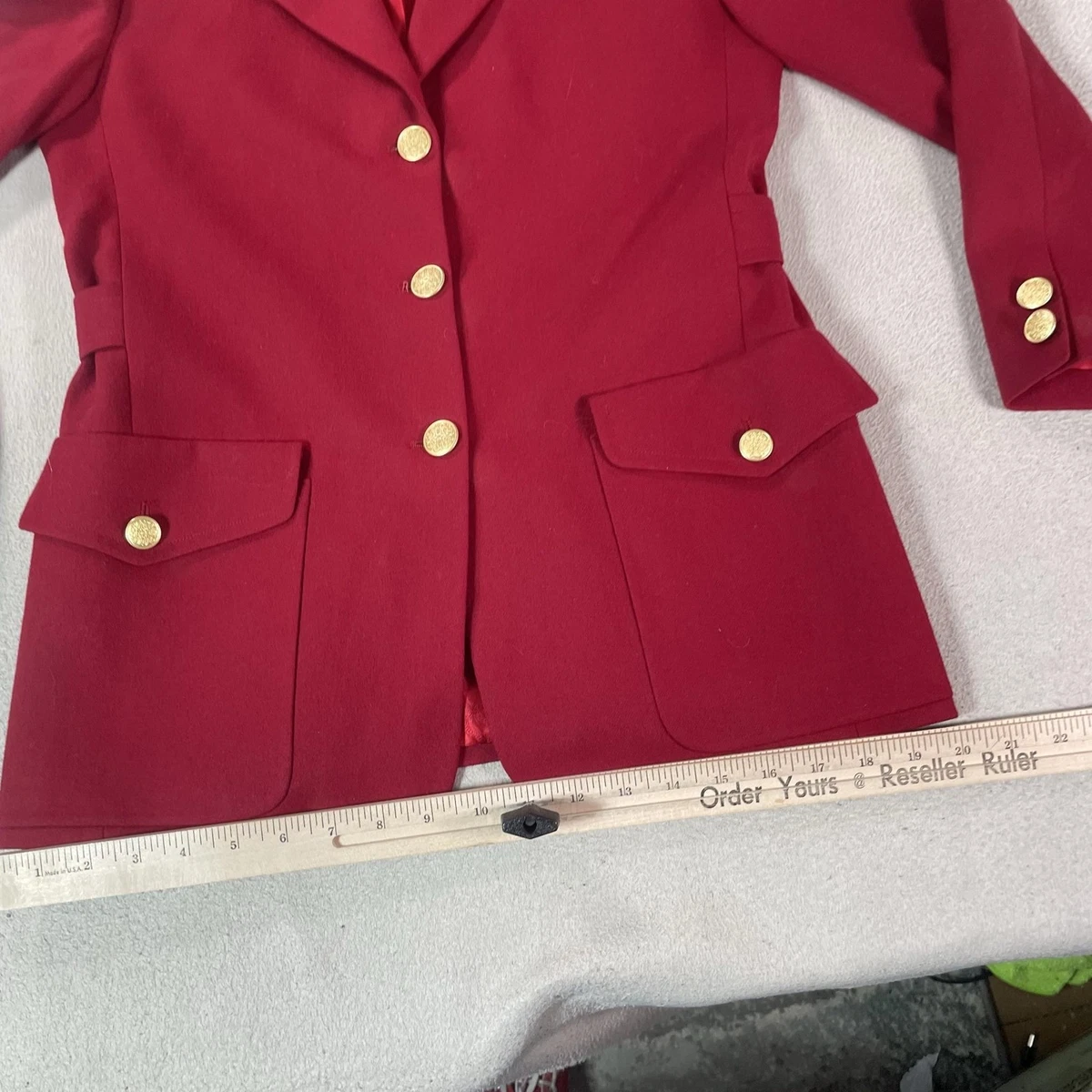 Chaqueta Blazer Vintage Burberrys Para Mujer 8 M Rojo Lana Dorado Botón Dinero Antiguo Preppy