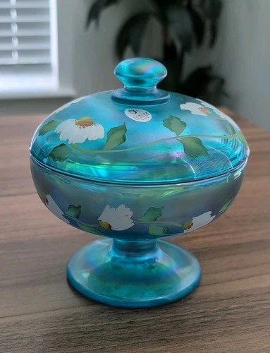 FENTON Celeste Blue Stretch Teal Candy Dish Carnival Glass BEAUTIFUL 💙6"