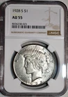 NGC AU-55 1928-S Silver Peace Dollar, Strong Mint Luster & Minimal Wear.