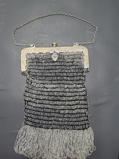 Vtg Antique 1920s Art Deco Silver/Black Beaded Flapper Purse Brass Frame Fringe