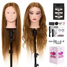 Cabeza de Maniquí con 80% Cabello Humano Real - Cabello 28" 28 Pulgadas, Marrón Claro