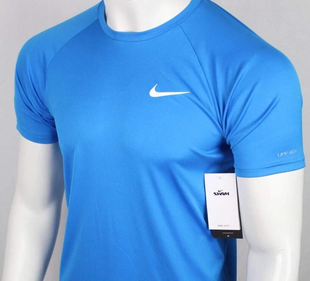 Nike Swim Men's Shirt Swoosh Short Sleeve Dri Fit UPF 40+ BLUE MEDIUM