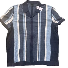 Men’s Express Blue Stripe 100% Cotton Button Closure Short Sleeve T-shirt