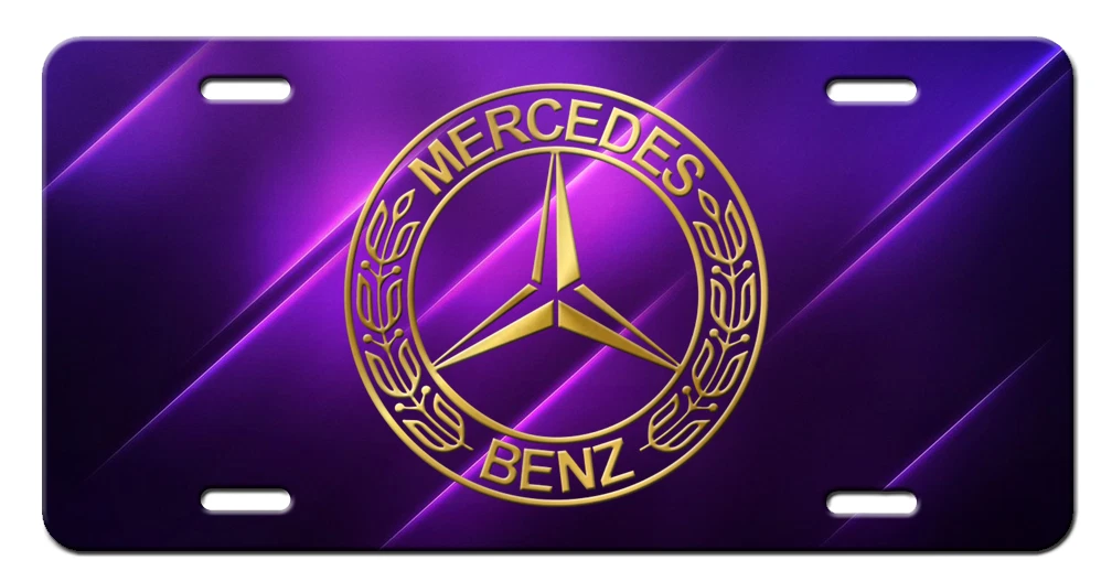 Vintage Retro Look Mercedes-Benz Gold Emblem on Purple Aluminum License Plate - Picture 1 of 5