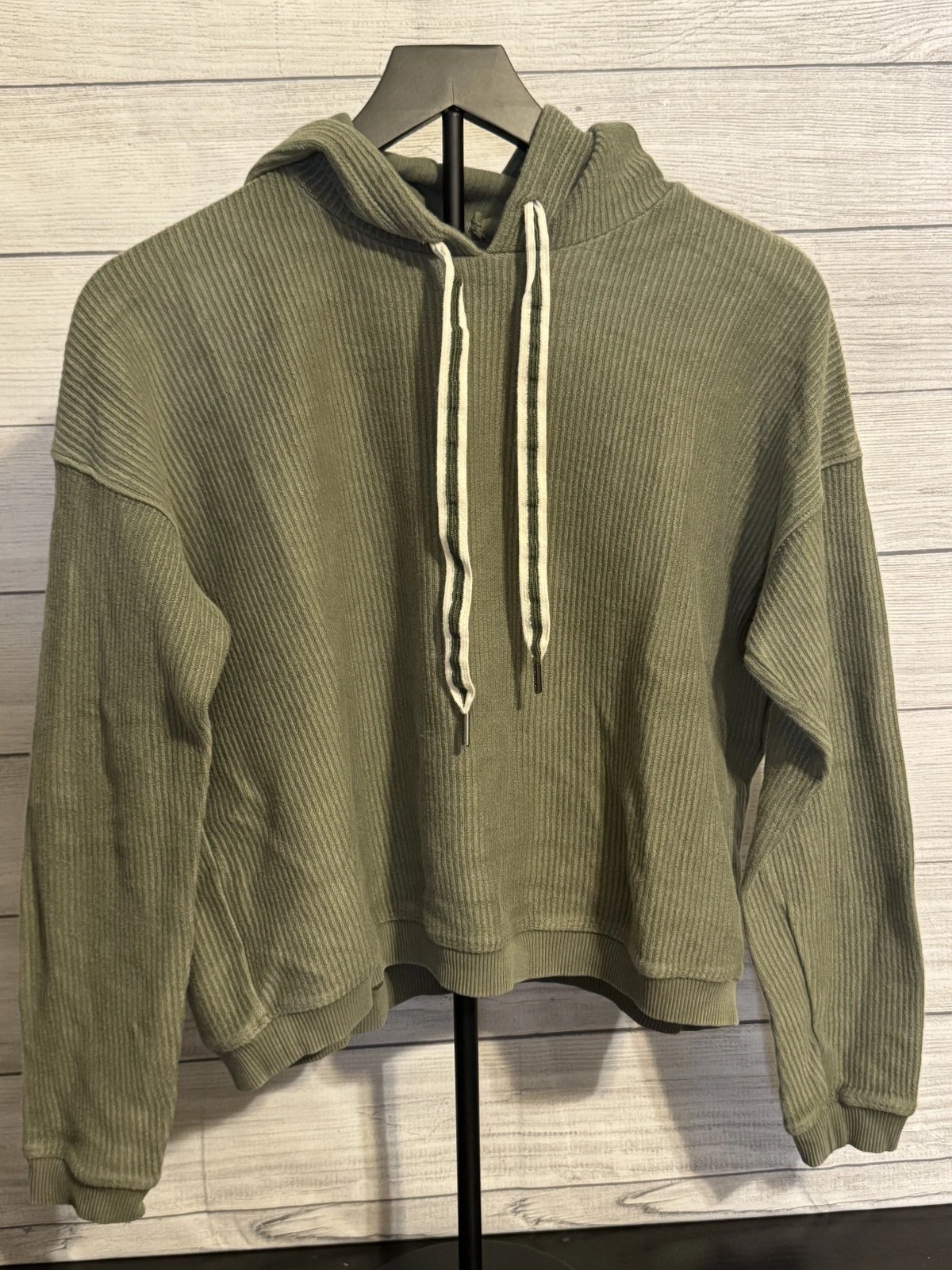 Aerie Women’s Cropped Hoodie XS Green Ribbed Cotton Long Sleeve