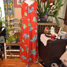 Vintage 70s Hawaiian Maxi Dress Red Hibiscus Floral Made in Hawaii RN37359 L/XL