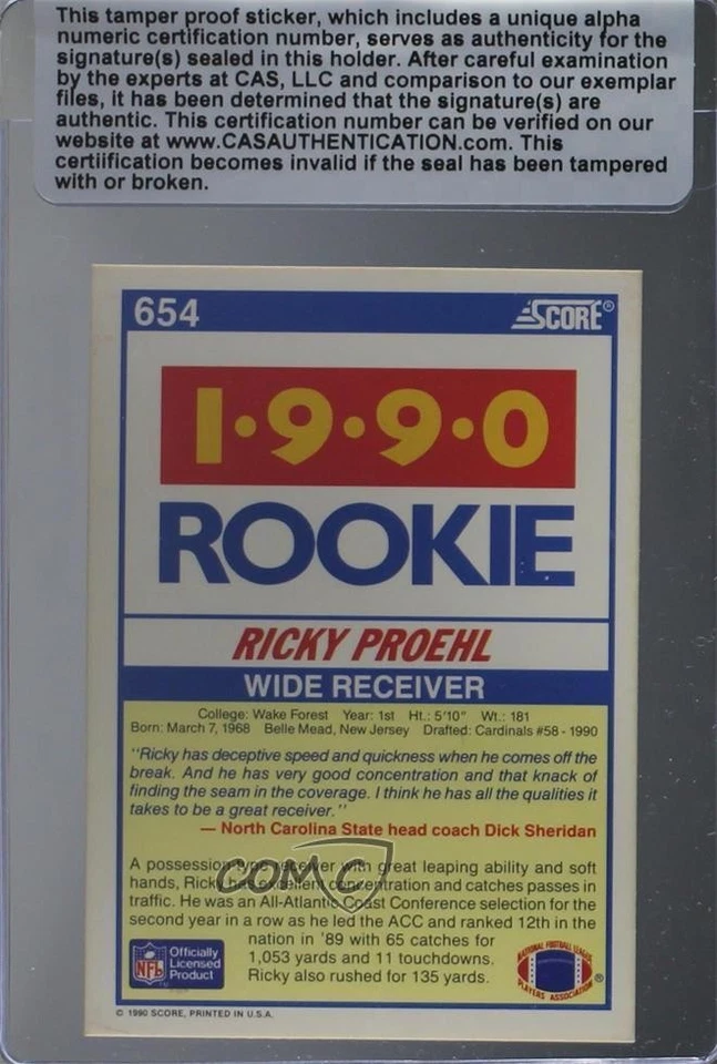 Certificado CAS 1990 Puntuación Ricky Proehl #654 sellado automático novato RC 3c7 Foto 2 de 3