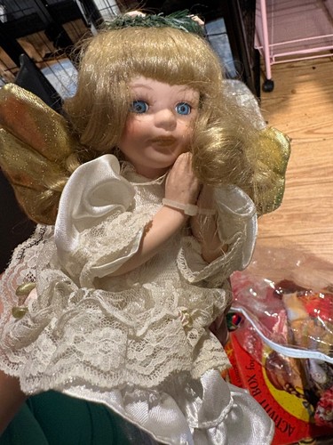 ANGEL PORCELAIN DOLL, BLONDE HAIR & BLUE EYES Sits on Fireplace Hearths or Shelf