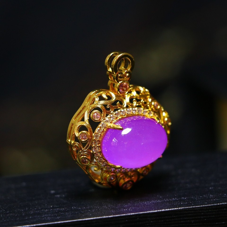 Perfect High Ice Violet Jade Precision Carved Elliptical Shape Pendant