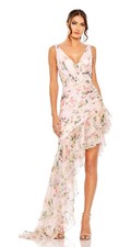 New Mac Duggal FLORAL PRINT ASYMMETRICAL RUFFLE HEM DRESS In Pink Multi Size 12