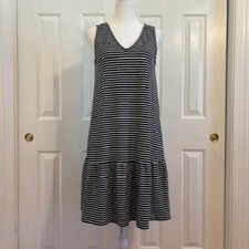 Loft Navy Blue/White Striped Sleeveless Shift Dress with Flounce Hem Size Small