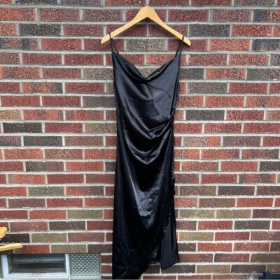 shein black satin dress Silk Like Ruched Side Spaghetti Strap Slip Midi FBads_0_FadingLightsUS