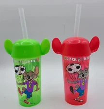 2 Chuck E Cheese Limited Edition Red Green Party 9" Reusable Cups Straw Soccer