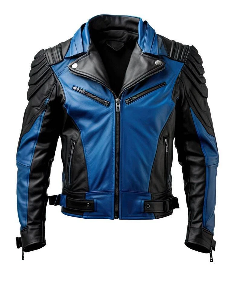 Genuine Handmade Men Leather Jacket Black & Blue Stylish Biker Motorbike Blazer.