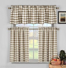 Linen/Beige Farmhouse Gingham Checkered Plaid Kitchen Tier Curtain Valance Set