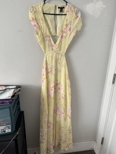 Forever 21 Yellow Pink Floral Chiffon Maxi Dress V-Neck Puff Sleeve Size M