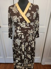 Sandra Darren Brown Yellow Floral Babydoll Dress 12 Ruched Boho Cottage 60s 70s